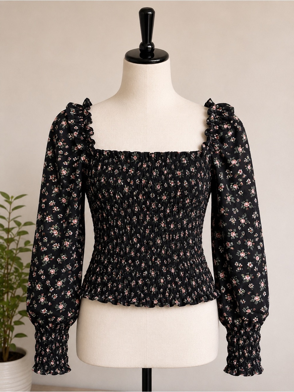 NWT Reformation Smocked Floral Long-Sleeve Top - Black